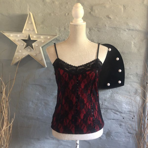 Pre-loved Mr. Price Insync Red Spaghetti Strap Top with Black Lace Overlay  - Artefacts Emporium