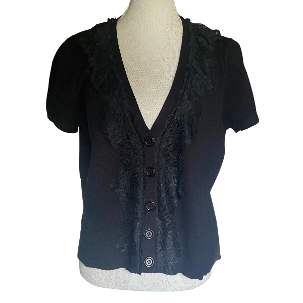 Pre-loved Miladys Black Short Sleeve Button Down Jersey with Lace Trim -  Artefacts Emporium